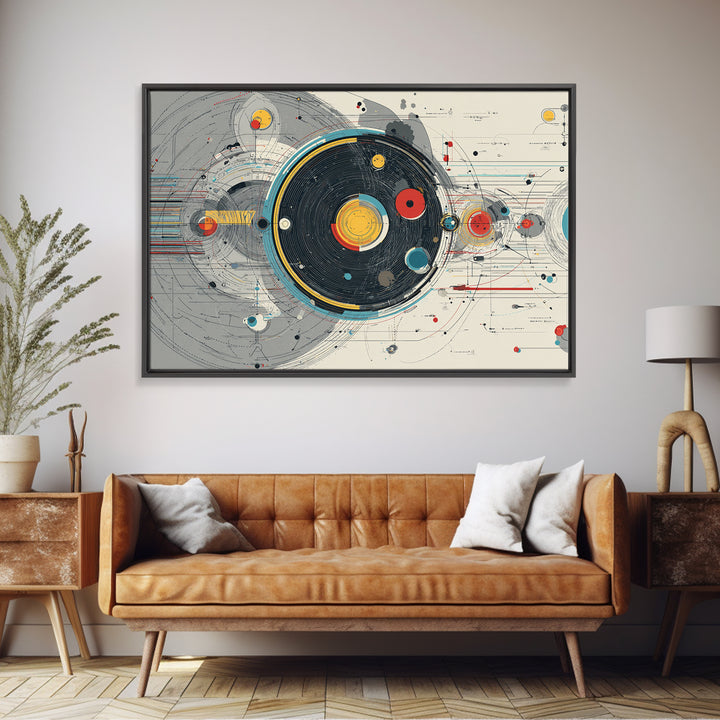 Retro Futuristic Orbital Circles Framed Canvas Print, Midcentury Modern Abstract Art, Geometric Wall Art, MCM Decor, Living Room Art