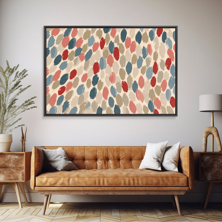 Salmon Blue Brushstroke Dot Wall Art, Midcentury Modern Abstract Art Print, Boho Retro Decor, Neutral Living Room Decor, Bedroom Decor