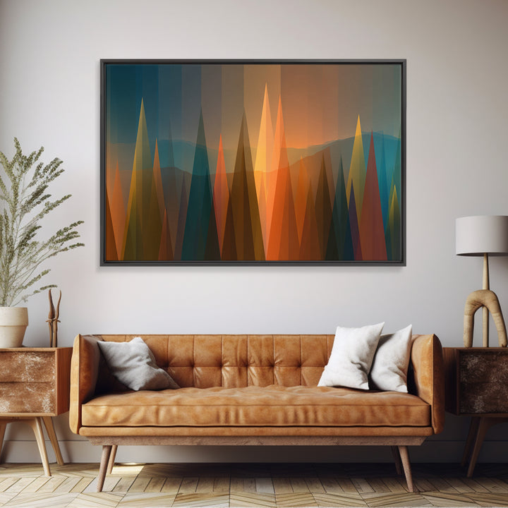 Abstract Sunset Forest Spires Wall Art, Midcentury Modern Canvas Print, Geometric Landscape, Office Decor, MCM Wall Art Print