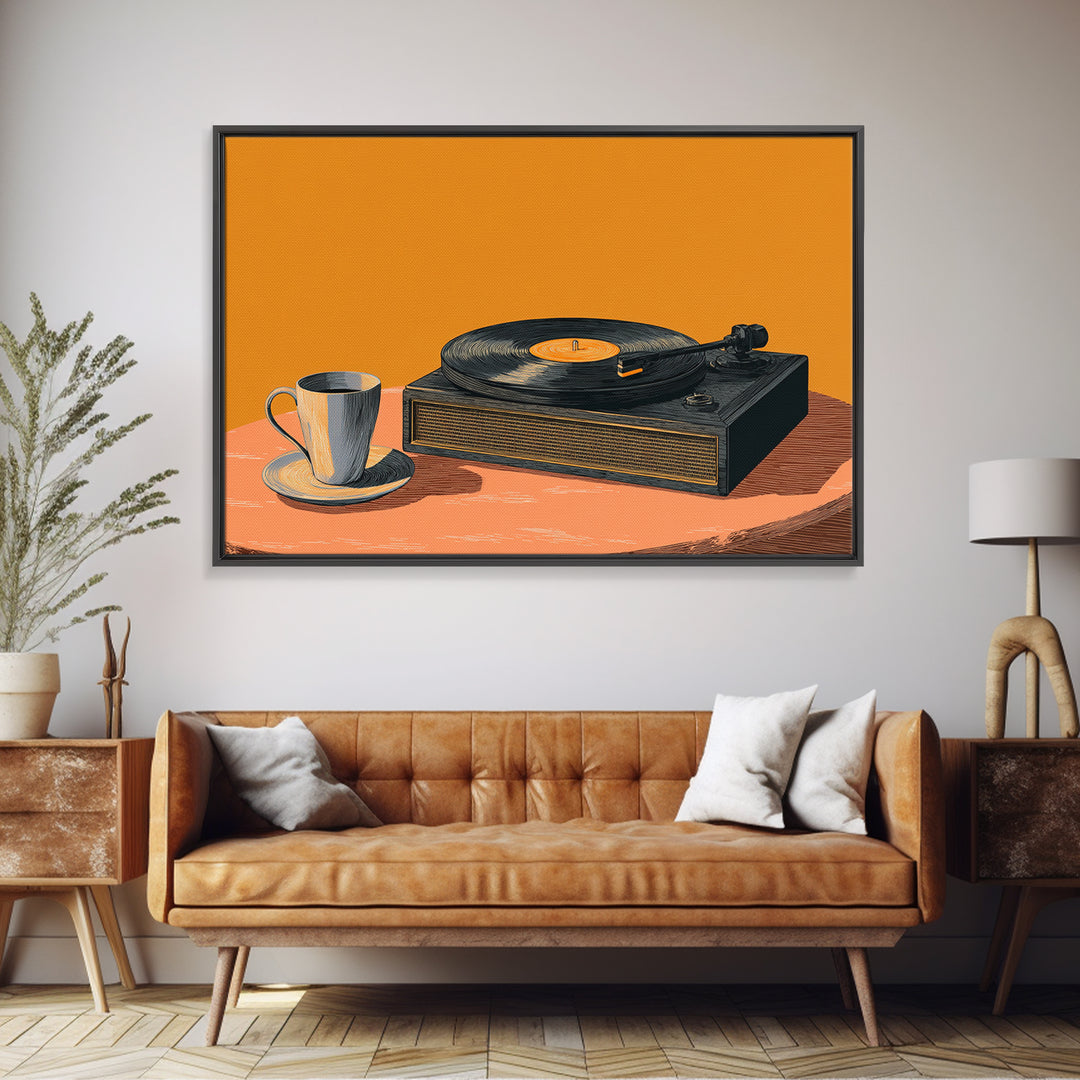 Retro Record Player With Coffee Canvas Print, Midcentury Modern Music Poster, Vinyl Turntable Wall Art, Orange Home Decor