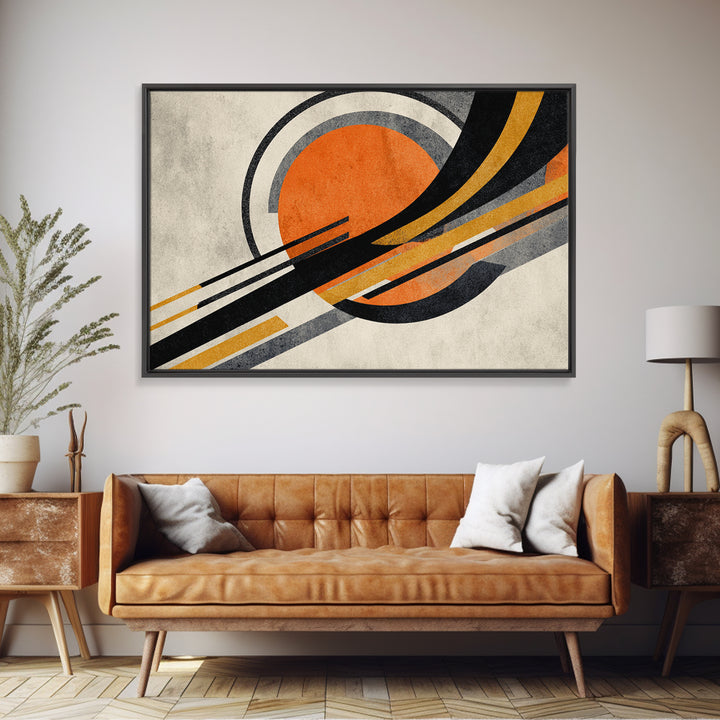 Orange Sun And Sweeping Black Arcs Wall Art, Midcentury Modern Abstract Geometric Print, Atomic Retro MCM Living Room Decor