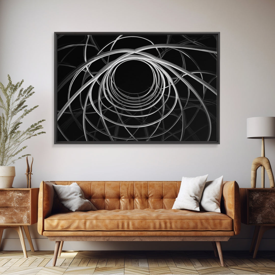 Black And White Orbital Vortex Wall Art, Modern Abstract Line Print, Monochrome Geometric Op Art For Statement Office Decor