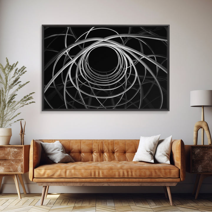 Black And White Orbital Vortex Wall Art, Modern Abstract Line Print, Monochrome Geometric Op Art For Statement Office Decor