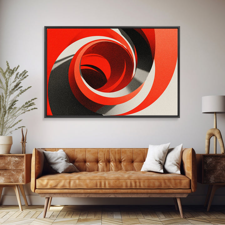Red Spiral Vortex And Black Curves Canvas Print, Bold Modern Abstract Op Art Poster, Retro Geometric Statement Wall Decor