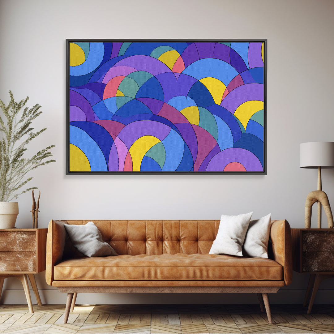 Blue Purple And Yellow Arc Pattern Wall Art, Colorful Midcentury Modern Geometric Print, Bold Retro 70s MCM Home Wall Decor