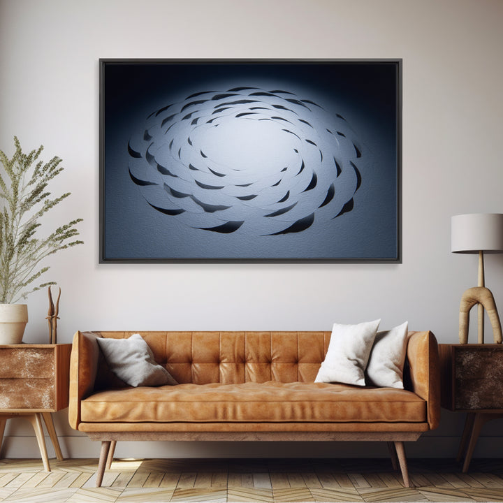 White Paper Cut Spiral Flower Canvas Print, Minimalist Modern Abstract Wall Decor, Blue Black Sculptural Textile Statement Art