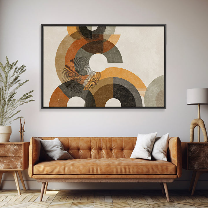 Earthy Orange Black And Beige Circles Framed Canvas Print, Midcentury Modern Abstract Geometric Wall Decor, Retro MCM Art