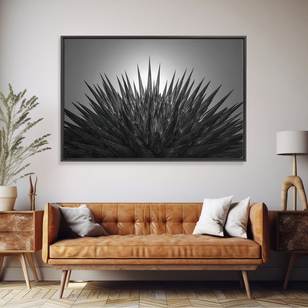 Black Spiky Radial Feather Abstract Wall Art, Monochrome Modern Nature Print, Dramatic Geometric Statement Office Decor