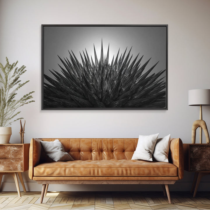 Black Spiky Radial Feather Abstract Wall Art, Monochrome Modern Nature Print, Dramatic Geometric Statement Office Decor