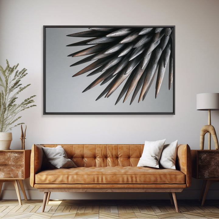Metallic Black Spines Close Up Canvas Print, Modern Abstract Nature Office Wall Decor, Minimalist Monochrome Statement Art