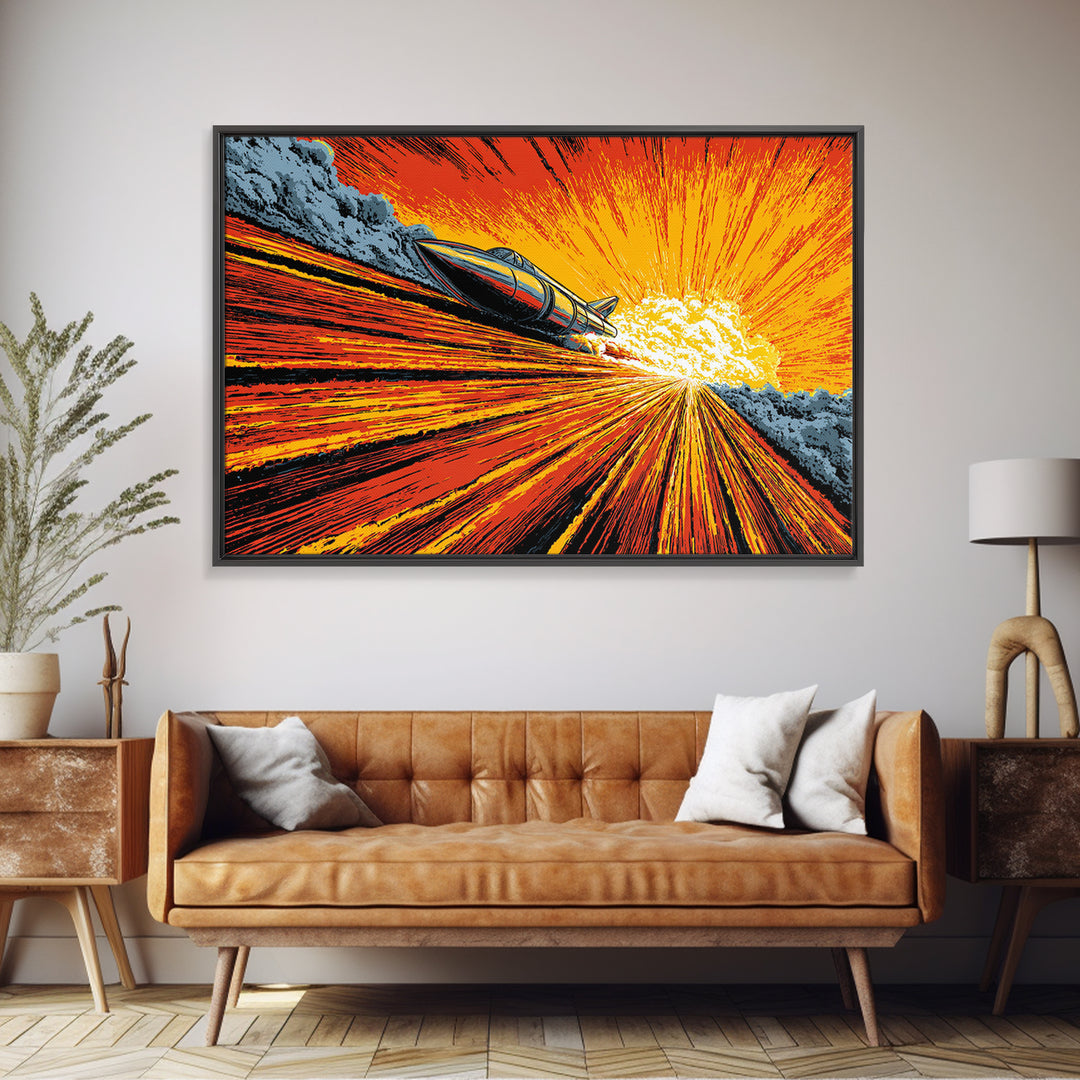 Retro Rocket Speeding Into Solar Burst Wall Art, Sci Fi Space Poster, Atomic Mid Century Modern Decor, Orange Comic Print