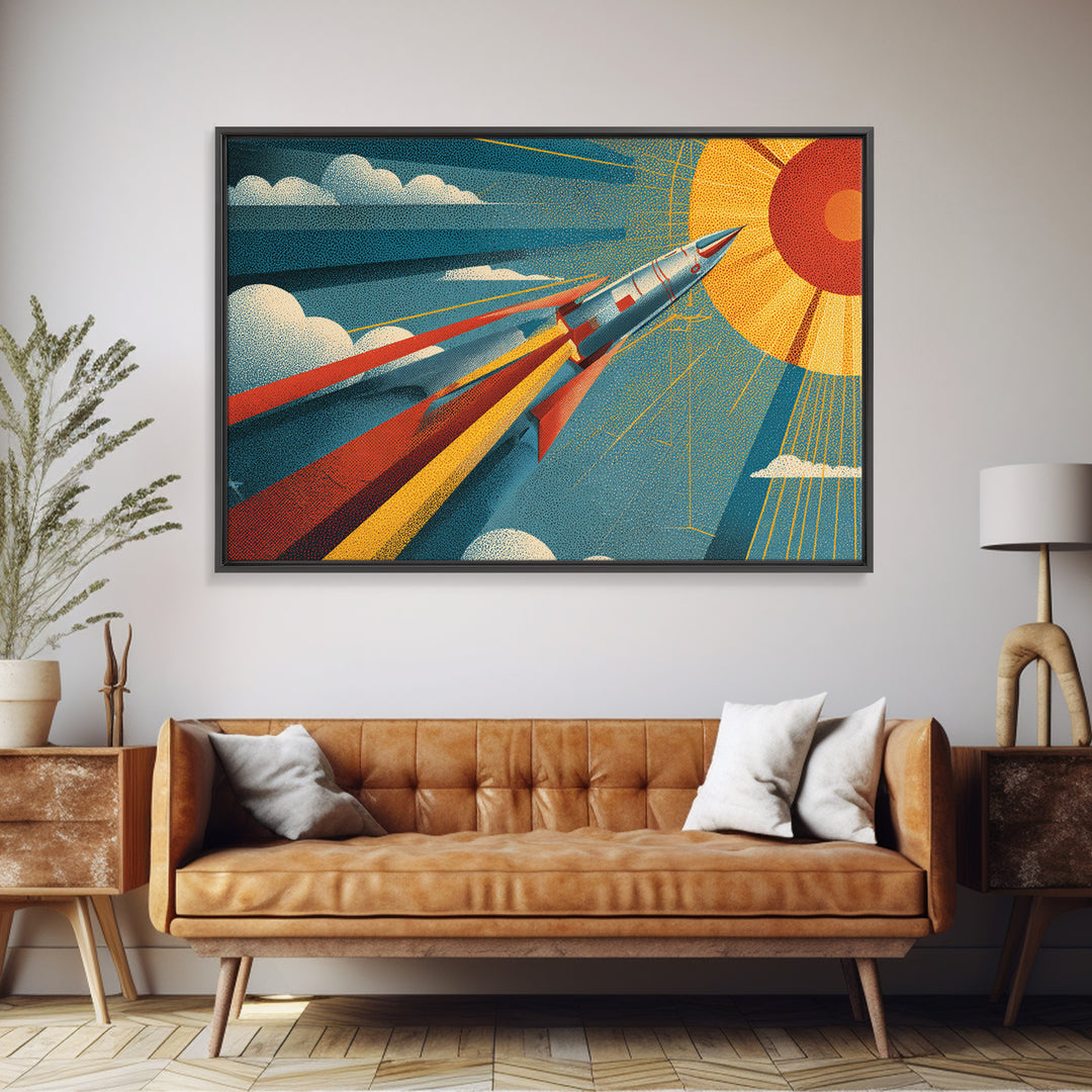 Sleek Rocket Flying Toward Sun Canvas Print, Retro Futurist Space Wall Decor, Mid Century Modern Art, Atomic Sci Fi Poster