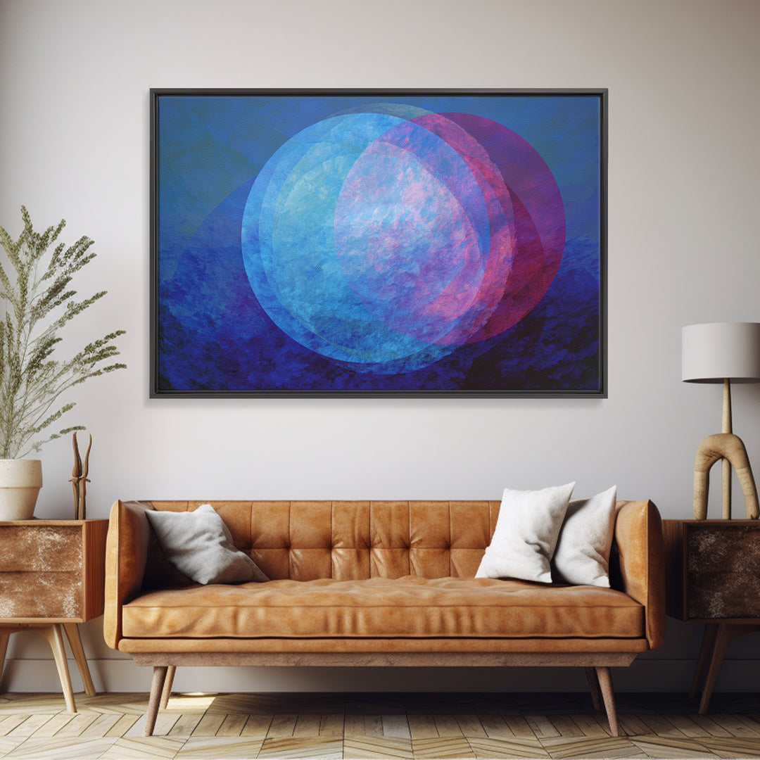 Blue Magenta Overlapping Moons Canvas Print, Abstract Space Wall Decor, Modern Geometric Art, Moody Bedroom Poster, Blue Wall Art