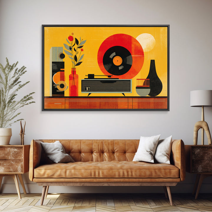 Bold Yellow Stereo And Red Vinyl, Mid Century Modern Canvas Print, Retro Music Room Wall Decor, MCM Record Player Poster