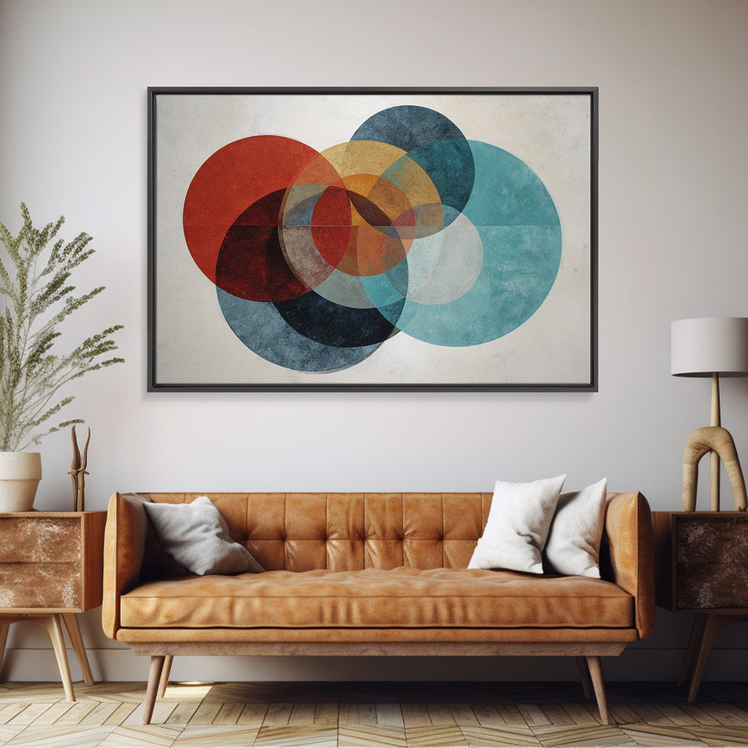 Textured Overlapping Circles Wall Art, Red Teal Mustard Abstract Print, Mid Century Modern Decor, Geometric Living Room Poster