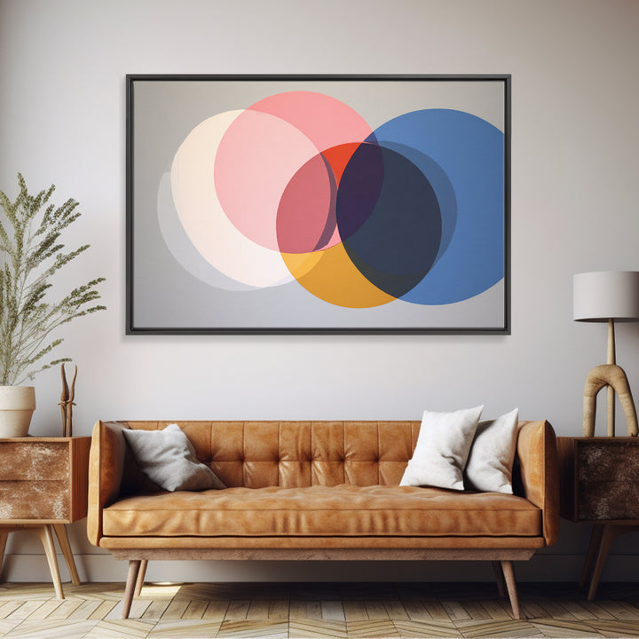 Soft Pink Cream Blue And Orange Circles Canvas Print, Midcentury Modern Geometric Abstract Wall Decor For Living Room Home Decor Poster