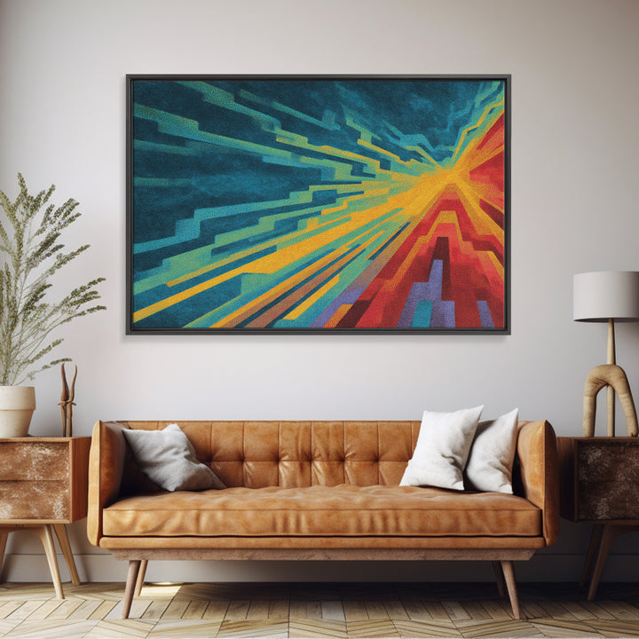 Neon Geometric Speed Lines In Teal Orange, Canvas Print, Abstract Wall Art, Modern Digital Art Poster For Gaming Room Decor