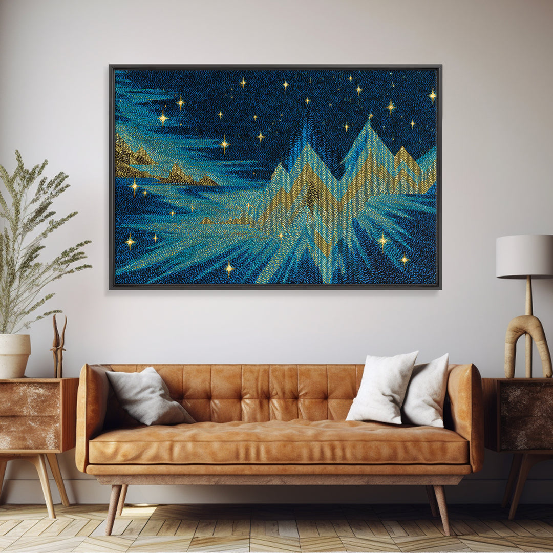 Starry Turquoise Mountains With Golden Peaks, Framed Canvas Print, Cosmic Retro Wall Art, Modern Abstract Decor For Living Room