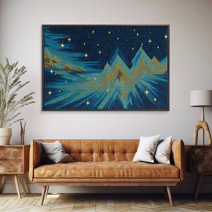 Starry Turquoise Mountains With Golden Peaks, Framed Canvas Print, Cosmic Retro Wall Art, Modern Abstract Decor For Living Room