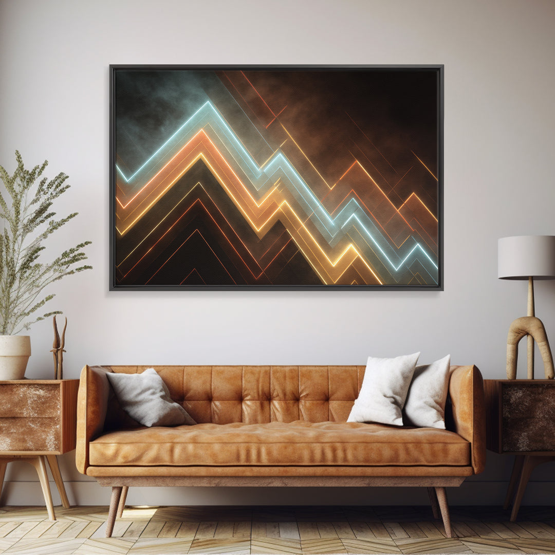 Glowing Neon Chevron Lines In Smoky Dark, Canvas Print, Geometric Wall Art, Modern Abstract Poster For Office Or Game Room