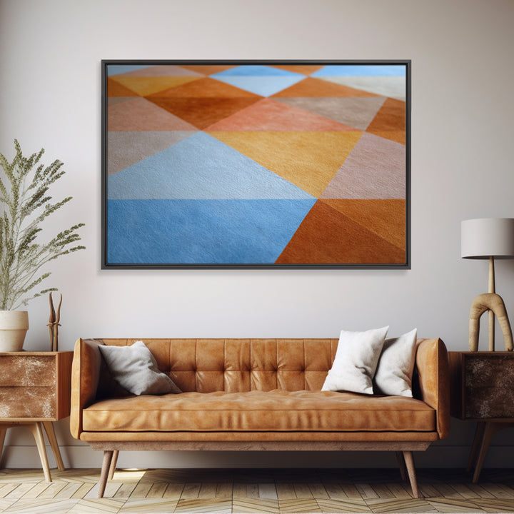Rust Blue Ochre Triangle Pattern Wall Art, Midcentury Modern Geometric Art Print, Abstract Home Office Decor, Large Canvas Print