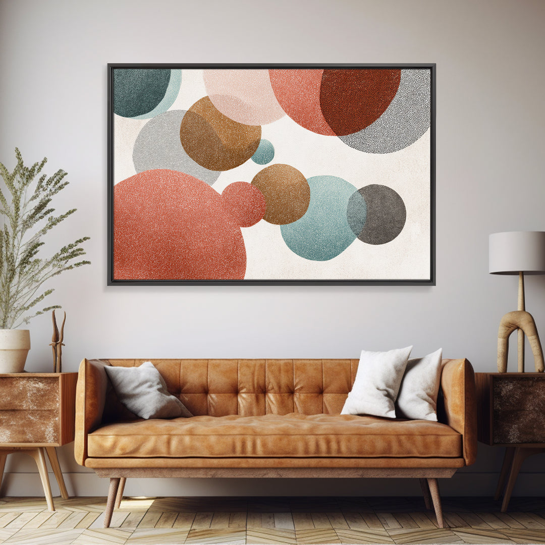 Overlapping Muted Circles In Coral Teal Brown, Canvas Print, Mid Century Modern Wall Art, Abstract Geometric Decor Poster