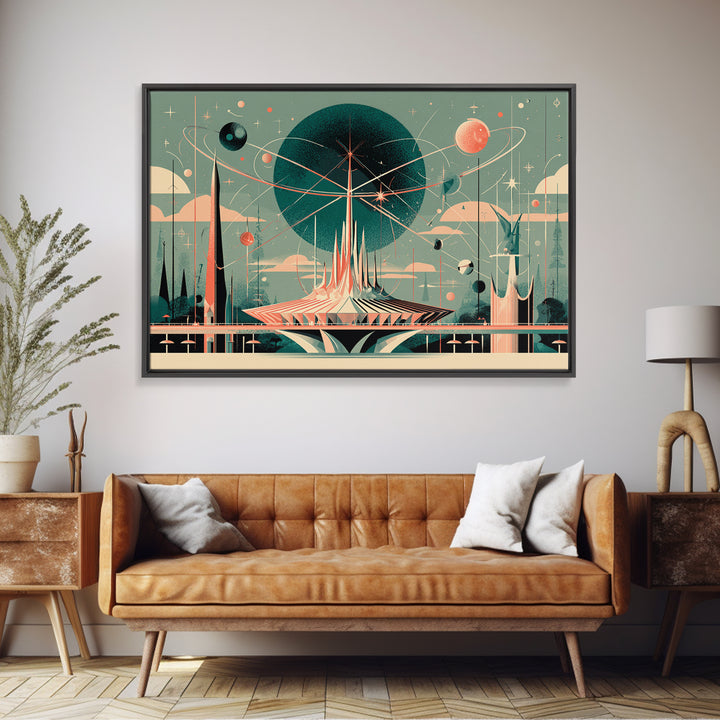 Atomic Futurist Pavilion Canvas Print, Midcentury Modern Wall Art, Retro Space Age Decor, Geometric MCM Architecture Poster