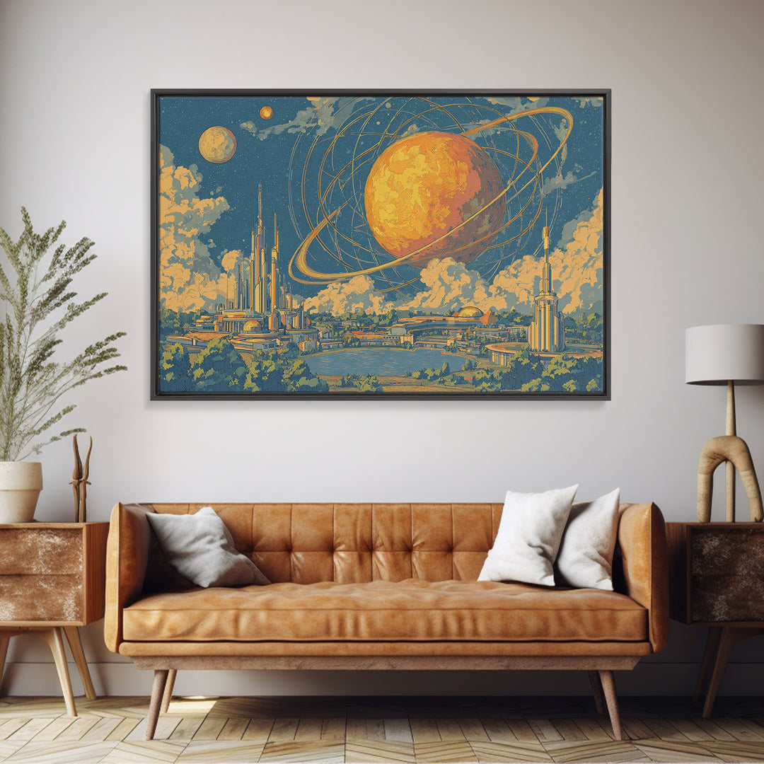 Ringed Planet Futurist City Wall Art, Midcentury Modern Sci Fi Poster, Retro Space Age Decor, Atomic Skyline Canvas Print