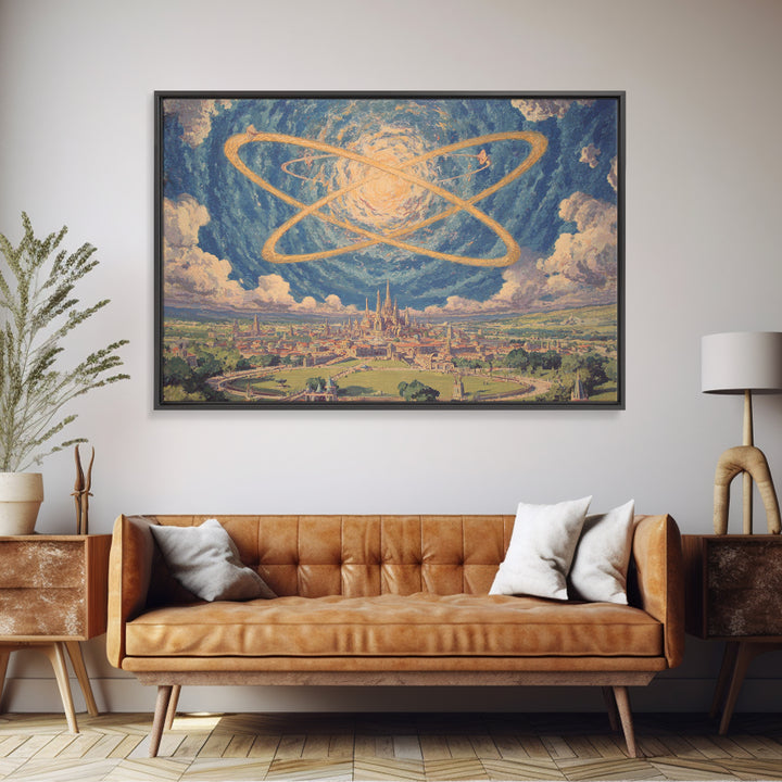 Glowing Atomic Rings Over Utopian City Wall Art, Retro Futurist Landscape Print, Midcentury Modern Sci Fi MCM Decor Poster