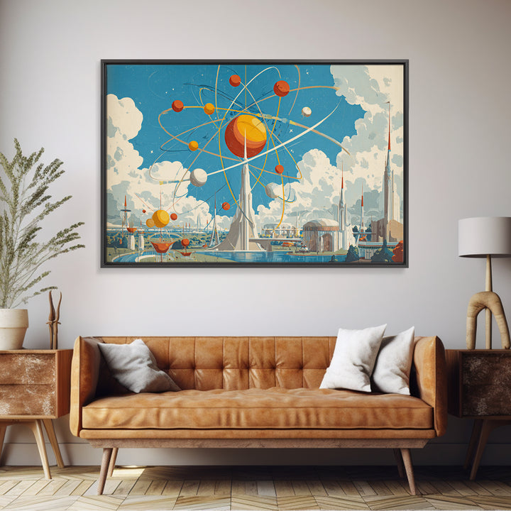 Atomic Solar System Skyline Framed Canvas Print, Midcentury Modern Sci Fi Wall Art, Retro Space Age MCM City Decor Poster