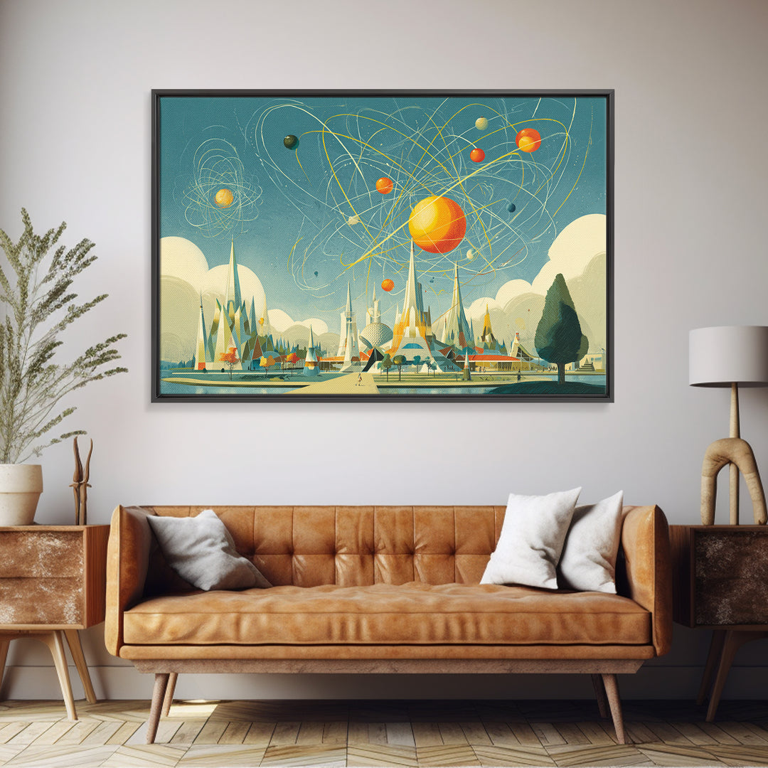 Midcentury Atomic Expo Skyline Wall Art, Retro Futurist Geometric Poster, Modern Space Age MCM Living Room Decor, Canvas Print