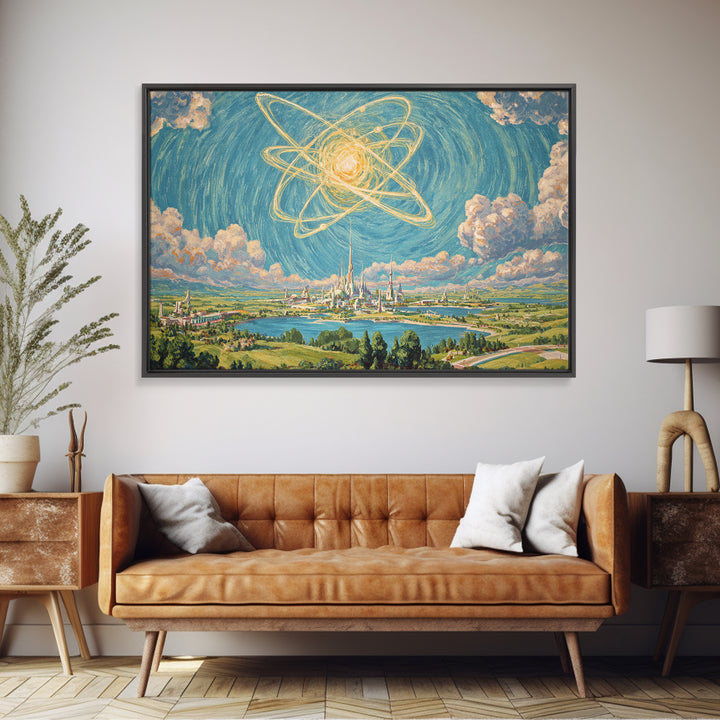 Radiant Atomic Sky Over Future City Wall Art, Midcentury Modern Sci Fi Landscape Poster, Retro Space Age MCM Decor Print