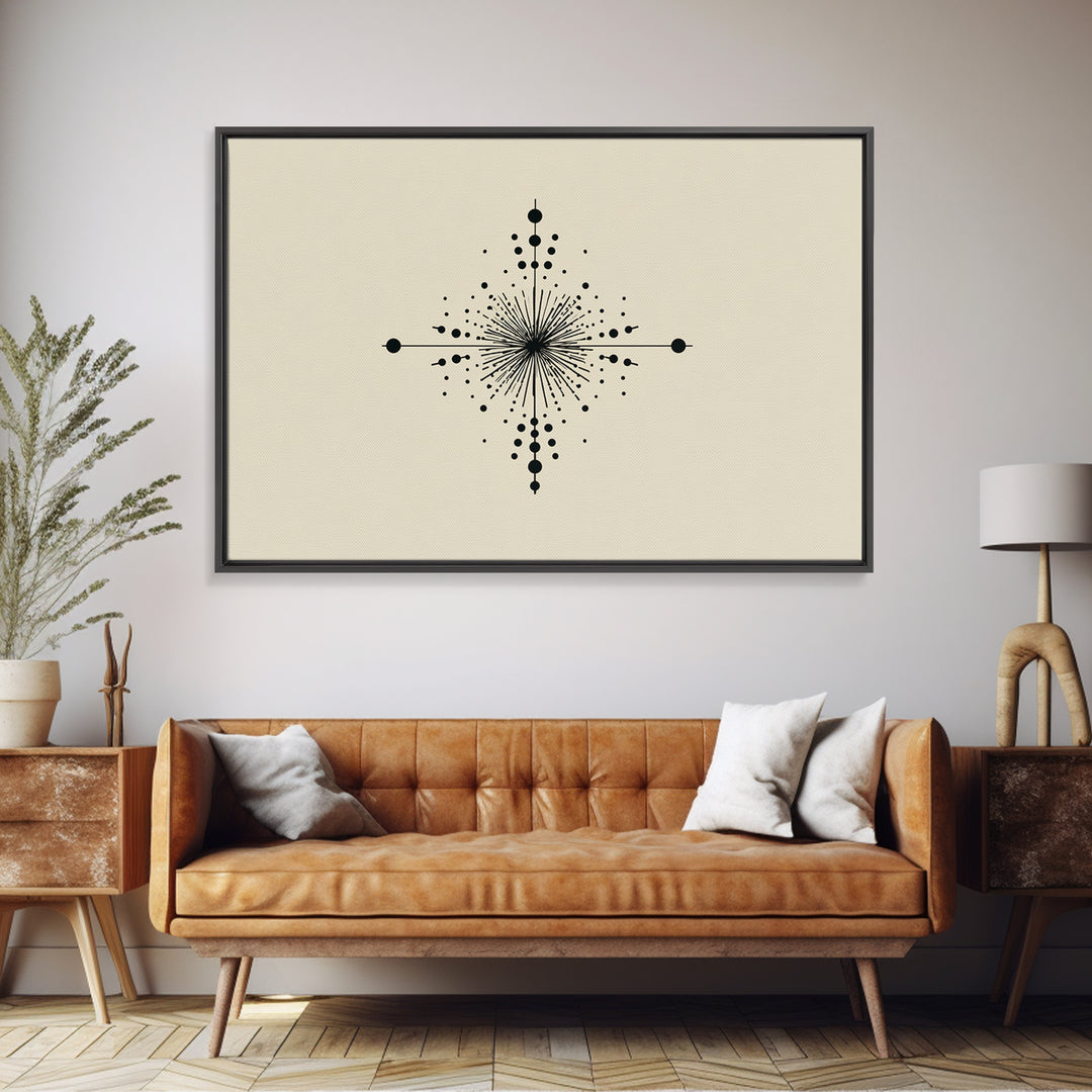 Minimal Black Dot Compass Starburst Canvas Print, Midcentury Modern Wall Art, Geometric Abstract Poster, Neutral MCM Decor