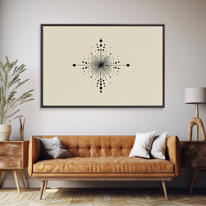 Minimal Black Dot Compass Starburst Canvas Print, Midcentury Modern Wall Art, Geometric Abstract Poster, Neutral MCM Decor