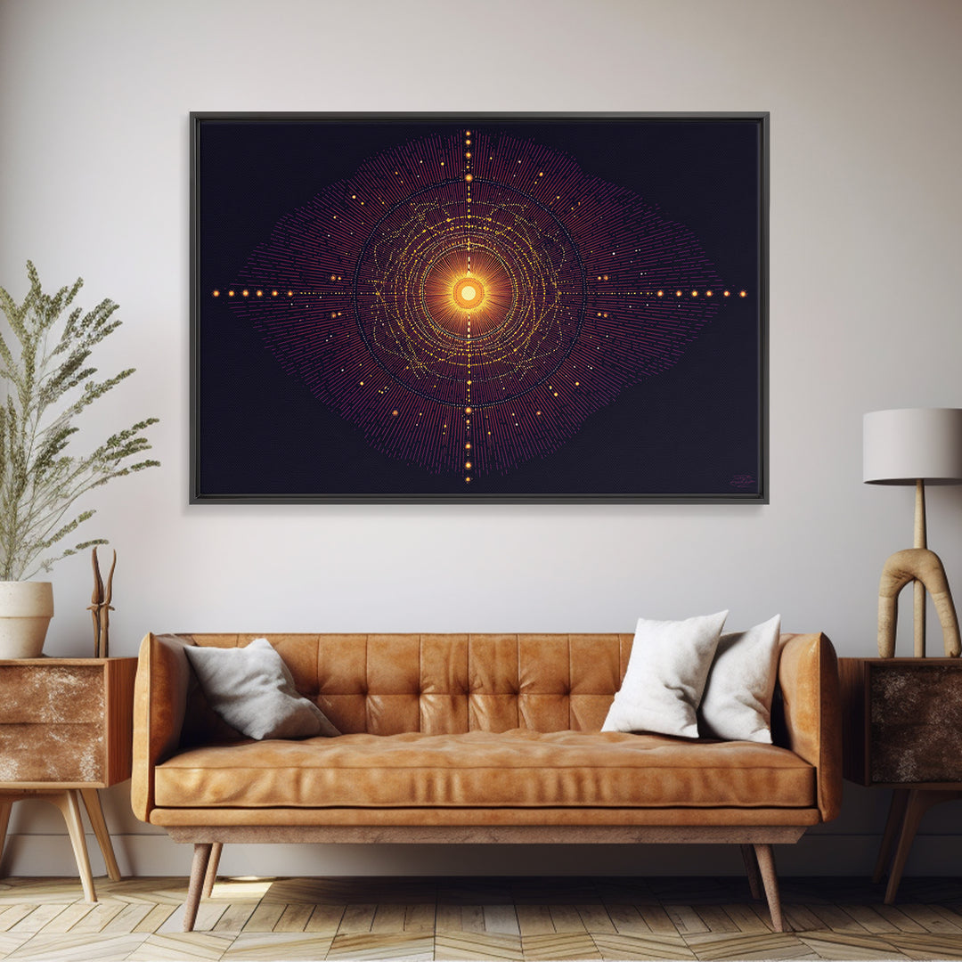 Glowing Orange Cosmic Mandala Wall Art, Midcentury Modern Abstract Art Print, Space Geometric Retro Decor, Large MCM Poster