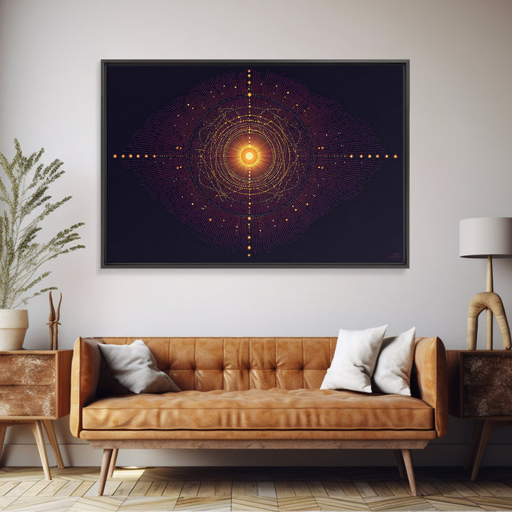Glowing Orange Cosmic Mandala Wall Art, Midcentury Modern Abstract Art Print, Space Geometric Retro Decor, Large MCM Poster