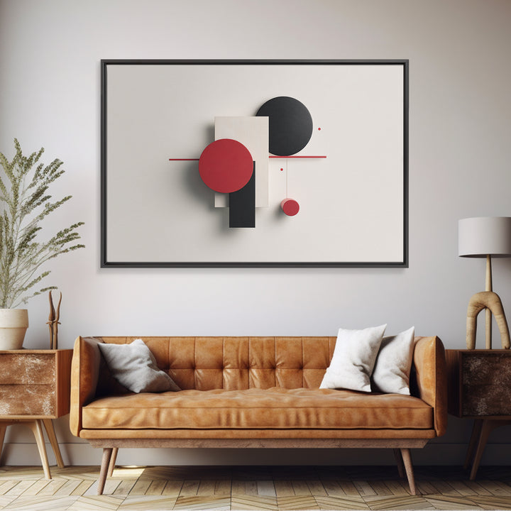 Red Black White Dimensional Shapes Framed Canvas Print, Midcentury Modern Wall Art, Geometric Abstract MCM Decor, Bold Poster