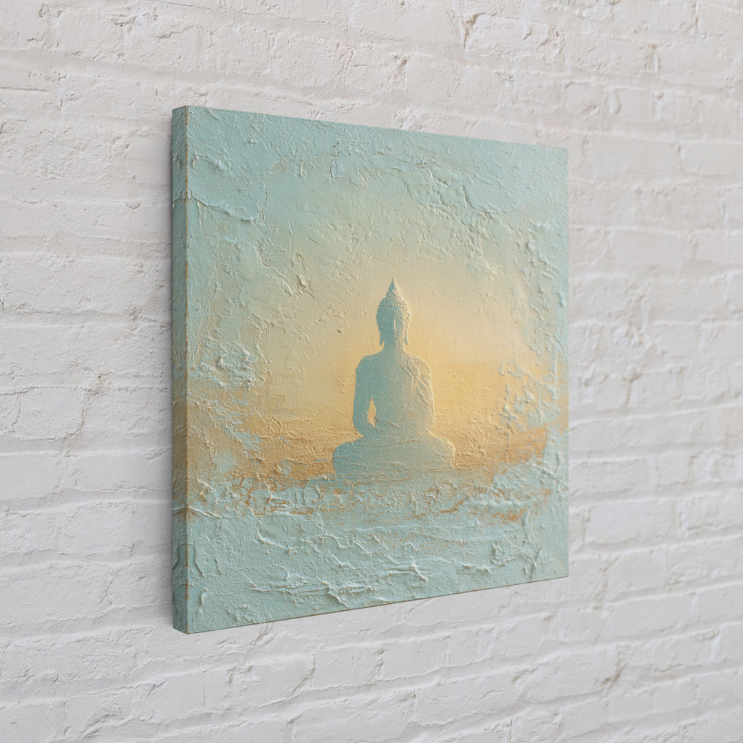 Buddha Silhouette Surrounded by Warm Light Canvas Print, Meditation Art, Neutral Wall Art, Living Room Decor, Stillness, MED-1x1-31