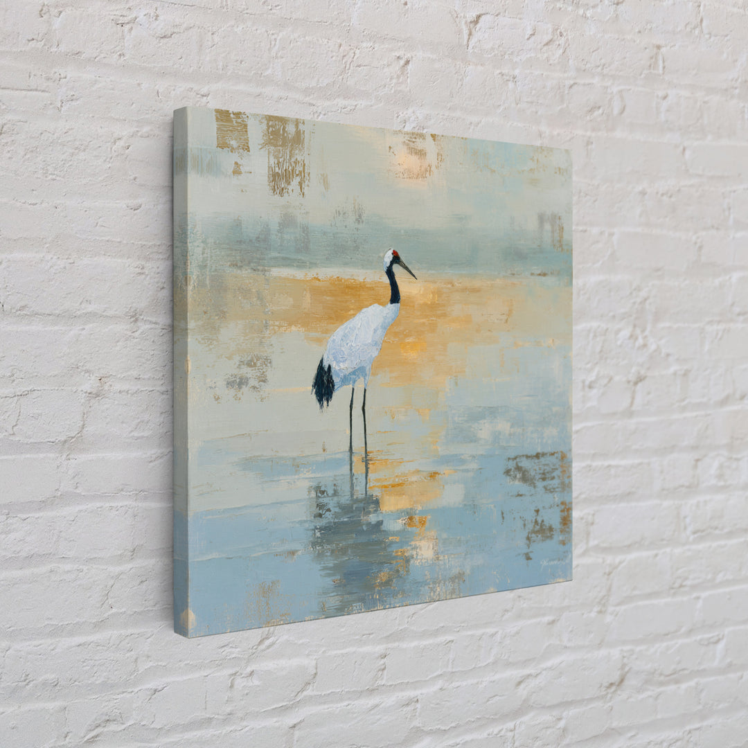 White Crane in Quiet Morning Mist Framed Canvas Print, Meditation Art, Art Print, Living Room Decor, Fine Art, Stillness, MED-1x1-40