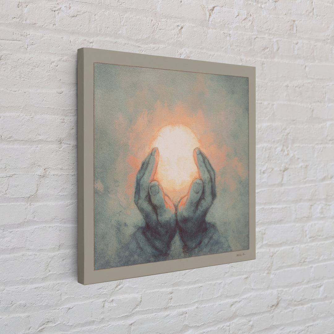 Hands Holding a Tiny Glowing Sun Canvas Print, Meditation Art, Contemporary Art, Living Room Decor, Fine Art, Stillness, MED-1x1-60