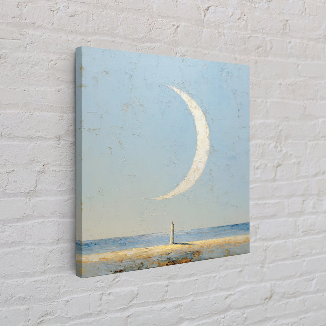 Single Seated Figure Beneath a Crescent Moon Canvas Print, Meditation Art, Statement Artwork, Living Room Decor, Stillness, MED-1x1-75