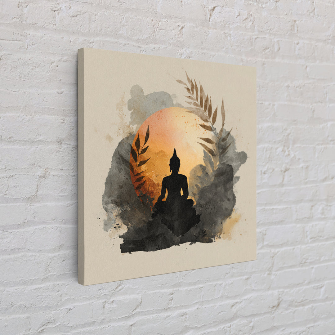 Buddha Silhouette Surrounded by Warm Light Framed Canvas Print, Meditation Art, Boho Decor, Living Room Decor, Oil Painting, MED-1x1-79