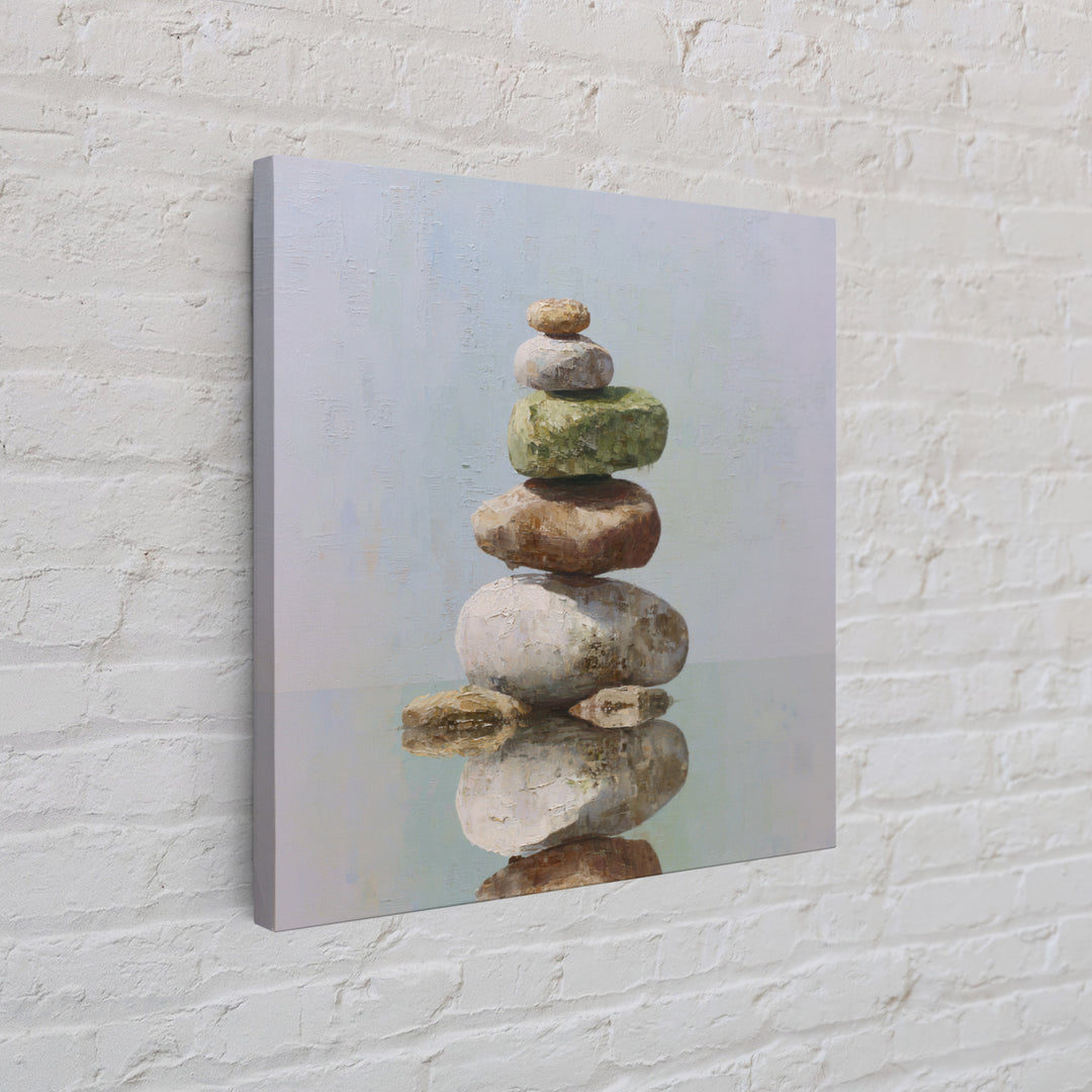 Floating Stones Balanced Above Calm Water Framed Canvas Print, Meditation Art, Digital Print, Living Room Decor, Stillness, MED-1x1-8