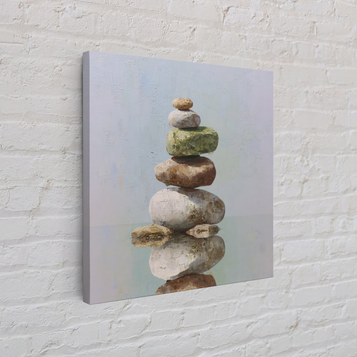 Floating Stones Balanced Above Calm Water Framed Canvas Print, Meditation Art, Digital Print, Living Room Decor, Stillness, MED-1x1-8