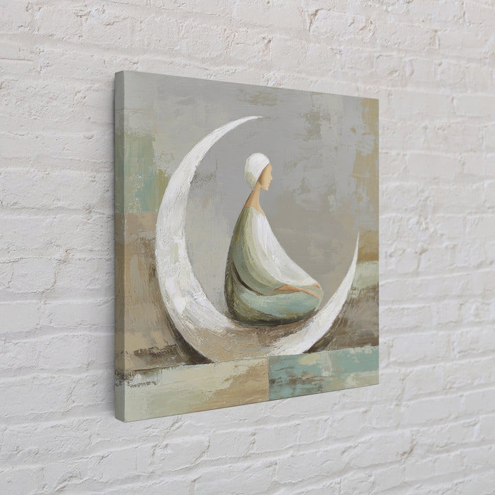 Single Seated Figure Beneath a Crescent Moon Canvas Print, Meditation Art, Digital Wall Art, Living Room Decor, Stillness, MED-1x1-99