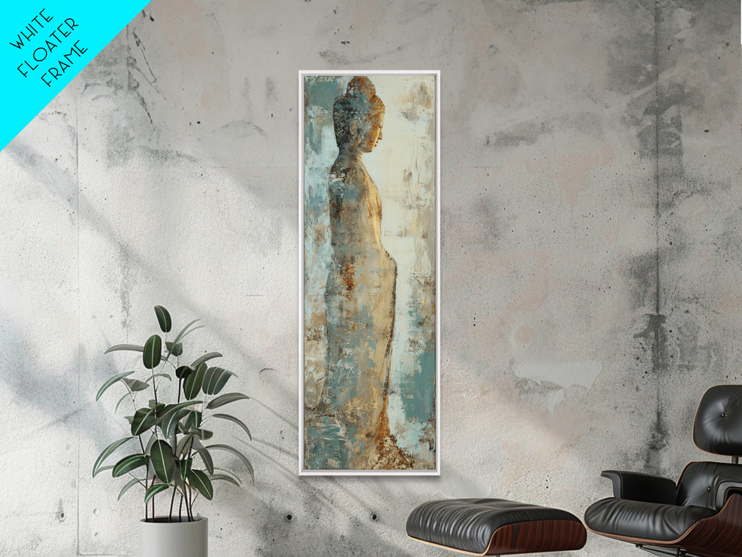 Buddha Silhouette Surrounded by Warm Light Framed Canvas Print, Meditation Art, Boho Wall Decor, Living Room Decor, Stillness, MED-1x3-19