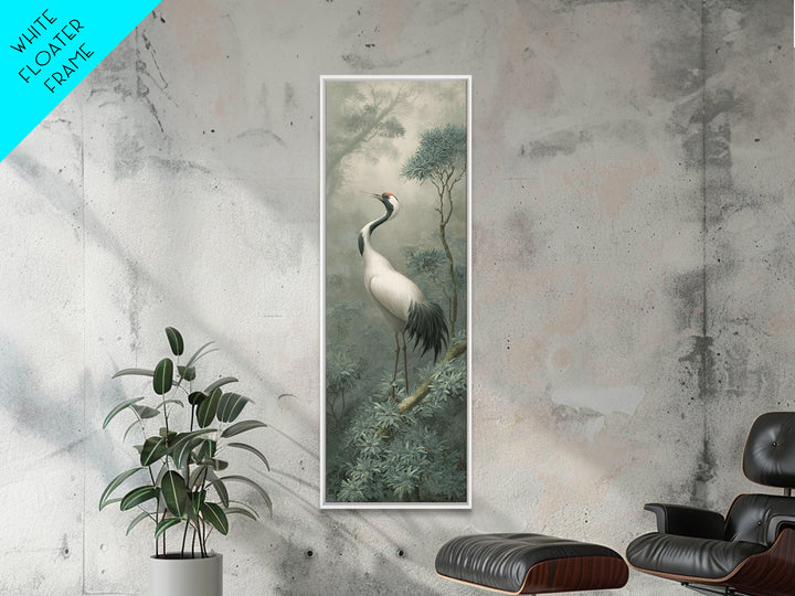 White Crane in Quiet Morning Mist Framed Canvas Print, Meditation Art, Abstract Wall Art, Living Room Decor, Stillness, MED-1x3-52