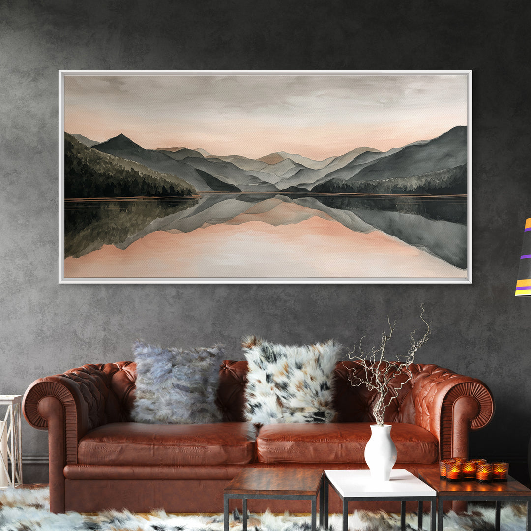 Mountain Lake at Sunrise Framed Canvas Print, Meditation Art, Digital Print, Living Room Decor, Oil Painting, Stillness, MED-2x1-1