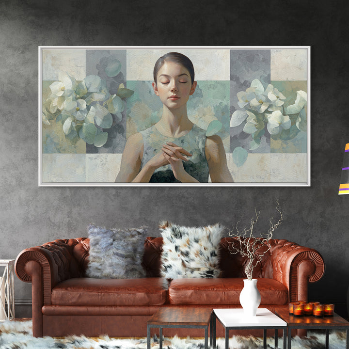 Calm Face Portrait Framed Canvas Print, Meditation Art, Statement Artwork, Living Room Decor, Fine Art, Stillness, Art Deco, MED-2x1-20