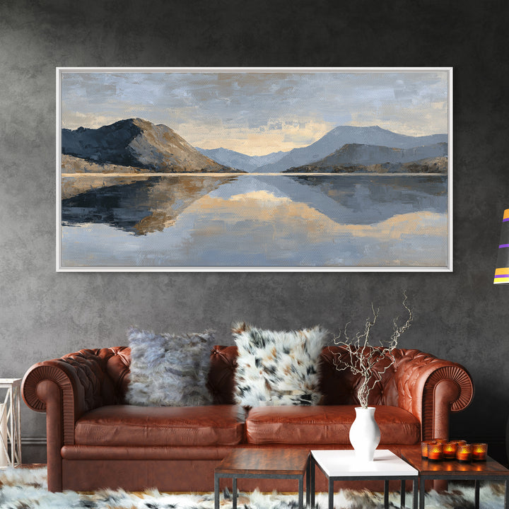 Mountain Lake at Sunrise Framed Canvas Print, Meditation Art, Digital Print, Living Room Decor, Oil Painting, Stillness, MED-2x1-25
